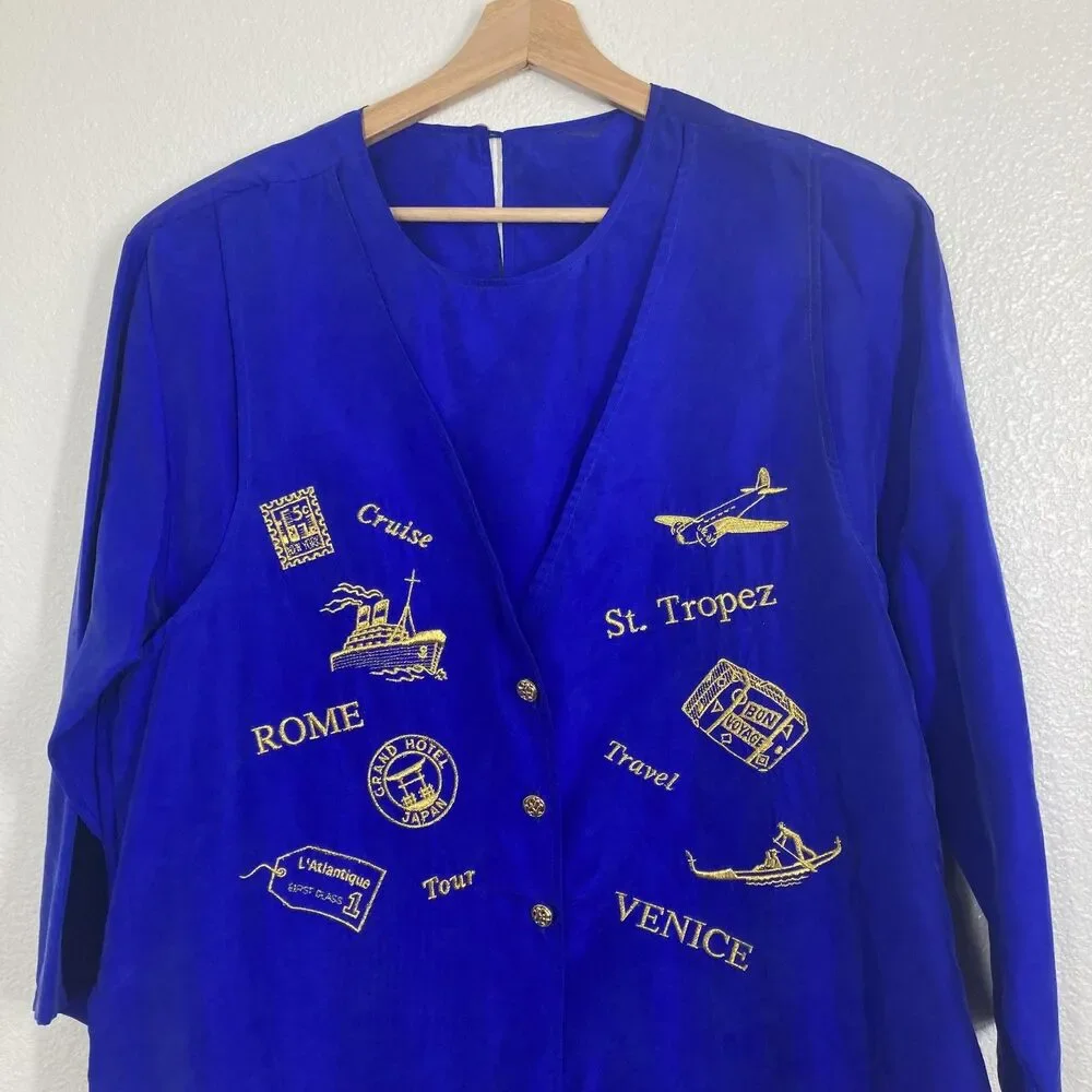 Vintage Strictly Silk Shirt Womens Medium Travel Embroidered Rome Venice St - Picture 2 of 16